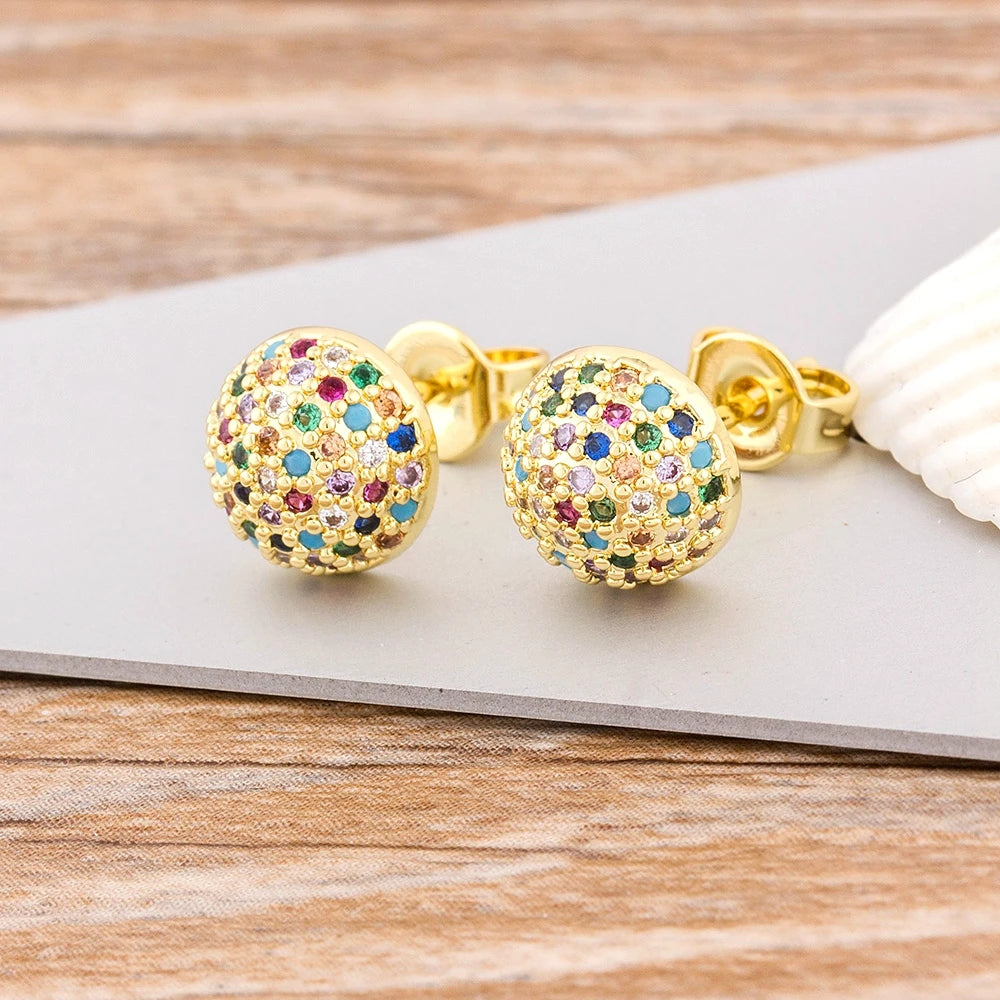 Nidin Korean Fashion Round Shape Pave Colorful Zircon Charm Stud Earrings For Women Birthday Party Ear Jewelry Delicate Gifts