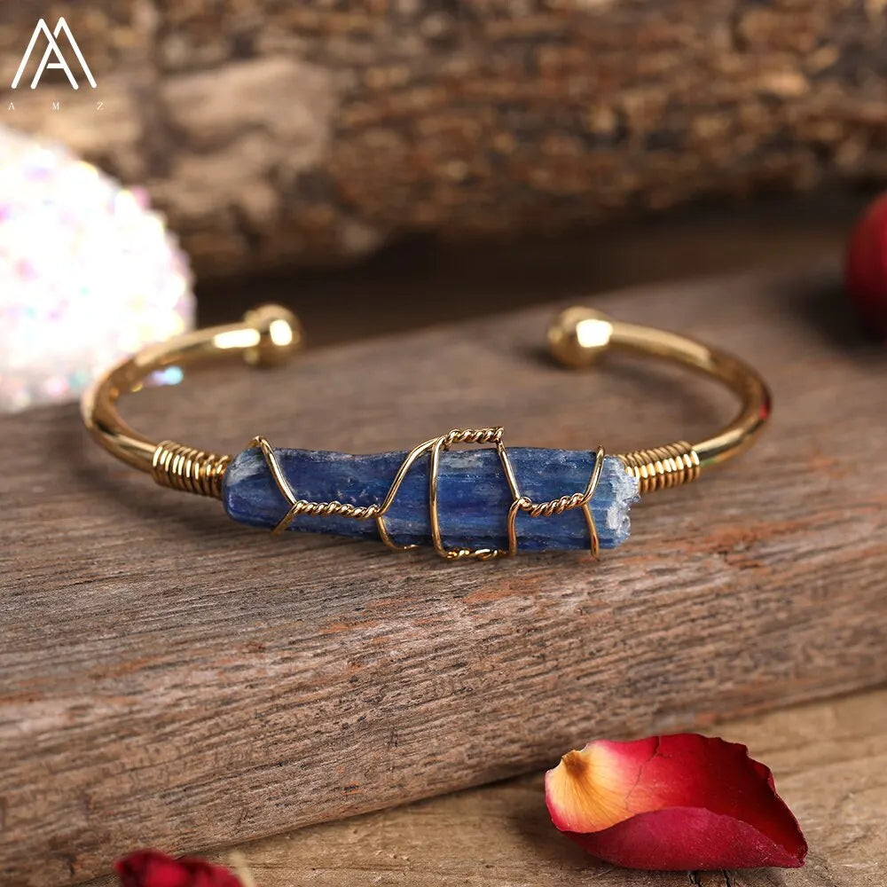 Natural Blue Kyanite Stone Open Bangle For Women High Quality Handmade Birthday Wedding Jewelry Gifts
