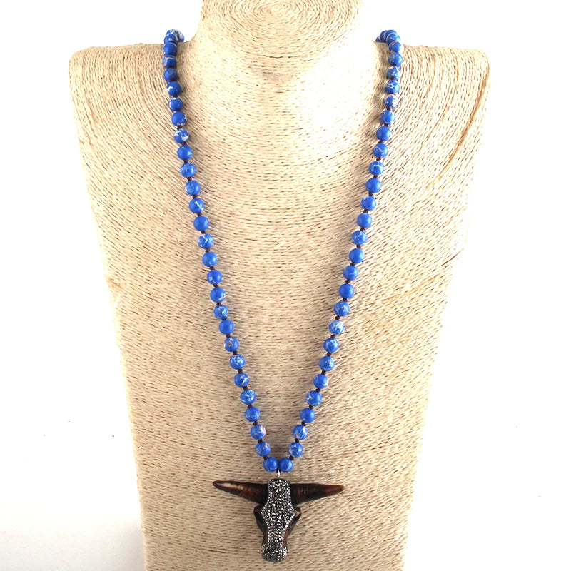 RH Fashion Boho Jewelry Empire Stones Long Knotted Bull Head Pendant Necklaces Dropship