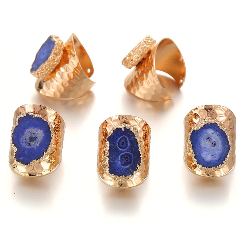 Boho Irregular Natural Stone Agate Slices Sunflower Wide Open Ring for Women Gold Plated Resizable Finger Jewelry