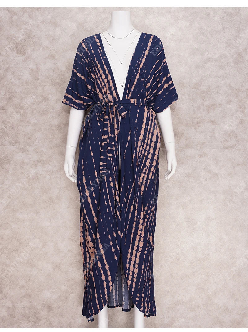 2023 Bikini Cover-ups Black Retro Striped Self Belted Women Summer Clothing Kimono Dress Beach Wear Swim Suit Cover Up Q1225
