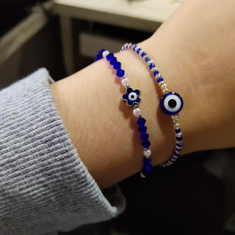 Lucky Handmade Vintage Rhinestone Palm Blue Evil Eye Pendant Link Chain Bracelet For Women Men Good Luck Bracelet Jewelry Gift