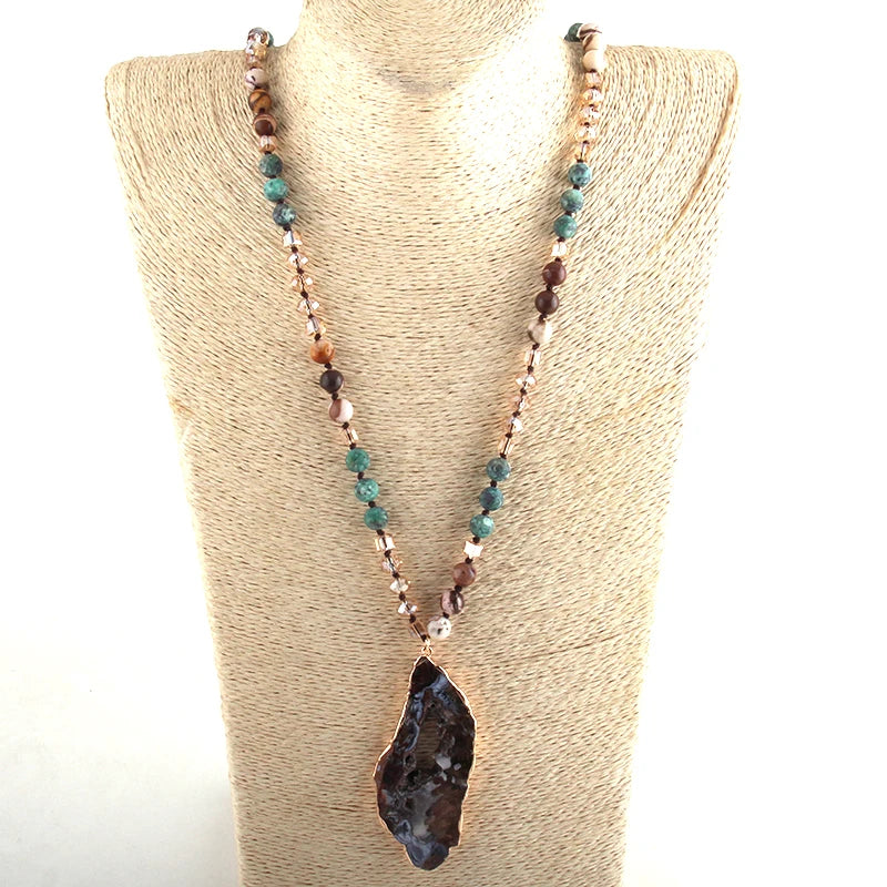 Fashion Bohemian Tribal Jewelry Crystal / Stone Long Knotted Irregular Druzy Stone Pendant Necklaces For Women