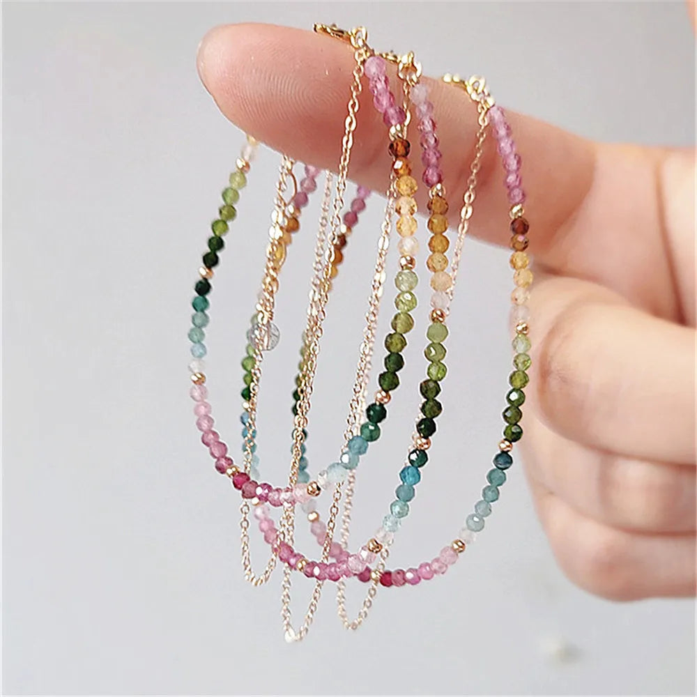 Natural Colorful Mix Tourmaline Bead Bracelet Handmade Women 14K Gold Filled Chain Double Layer Bracelet Semi Precious Jewelry