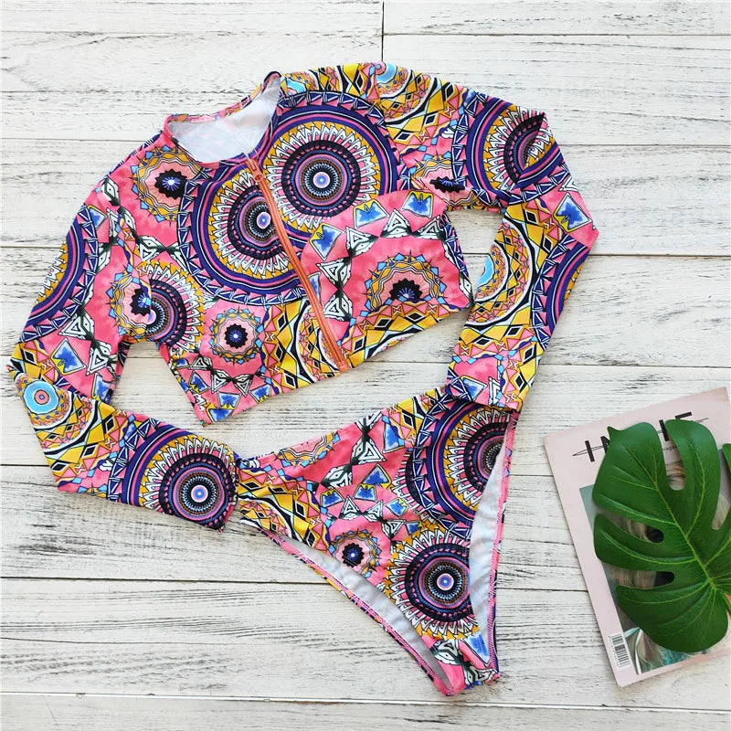 2023 Sexy Long Sleeve Bikinis Women Swimsuit Green Leaves Print Bathing Suits Beachwear Brazilian Bikini Set Biquini Female