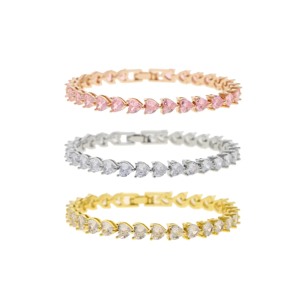 Iced Out Bling White Pink Heart Cubic Zirconia CZ Tennis Chain Bracelet 17cm 19cm 21cm Iced Out Bling Girlfriend Gift Jewelry