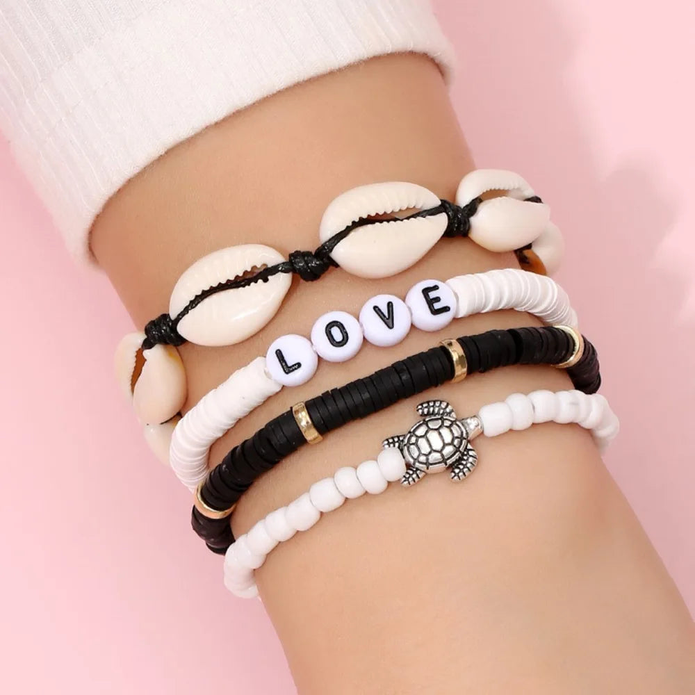 Fashion Rainbow Stackable Bracelets Set For Women Heart Charm Soft Clay Pottery Layering Beads Chain Bangle Female Boho Jewelry
