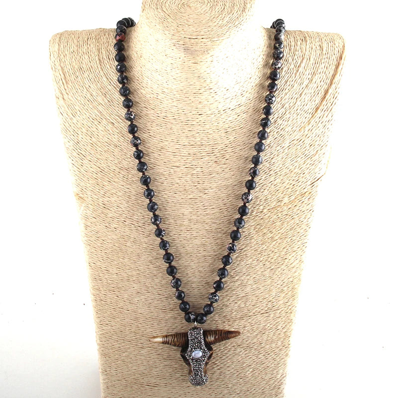 RH Fashion Boho Jewelry Empire Stones Long Knotted Bull Head Pendant Necklaces Dropship