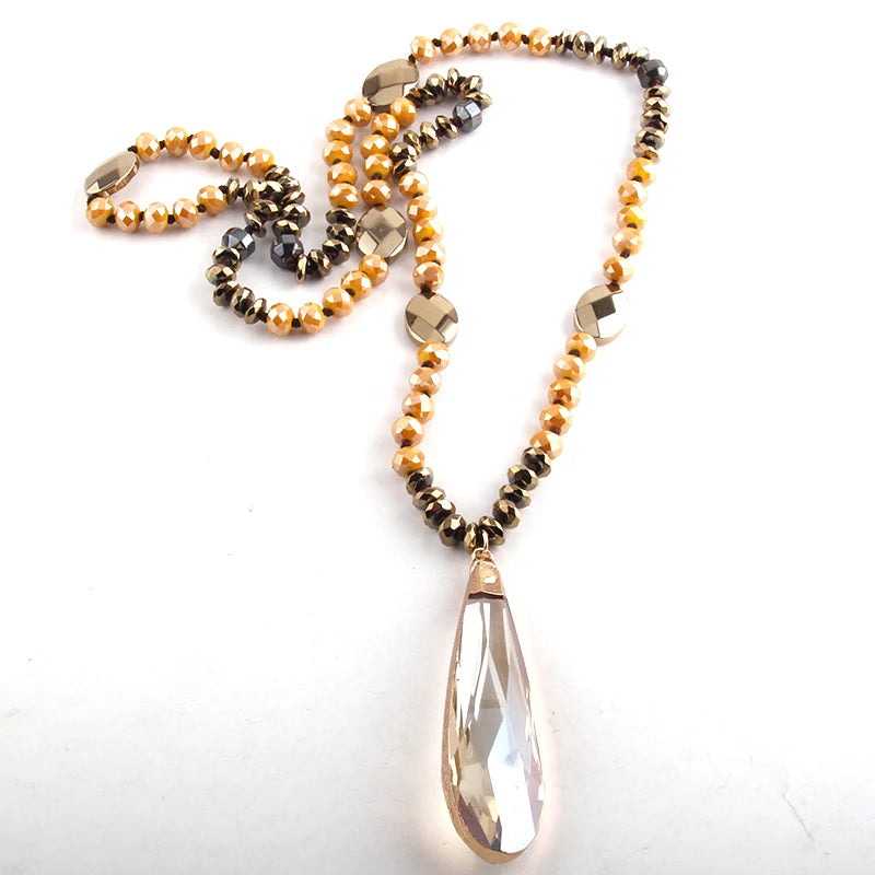 Fashion Bohemian Tribal Jewelry Crystal / Hematite Long Knotted Long Glass Drop Pendant Necklaces