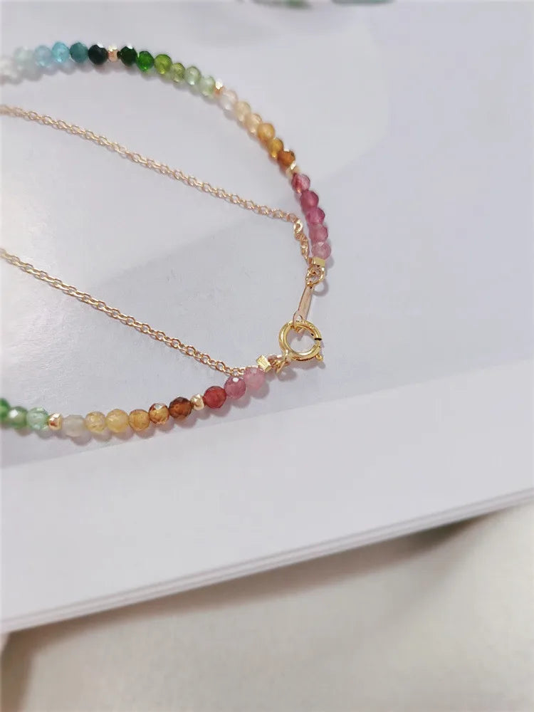 Natural Colorful Mix Tourmaline Bead Bracelet Handmade Women 14K Gold Filled Chain Double Layer Bracelet Semi Precious Jewelry
