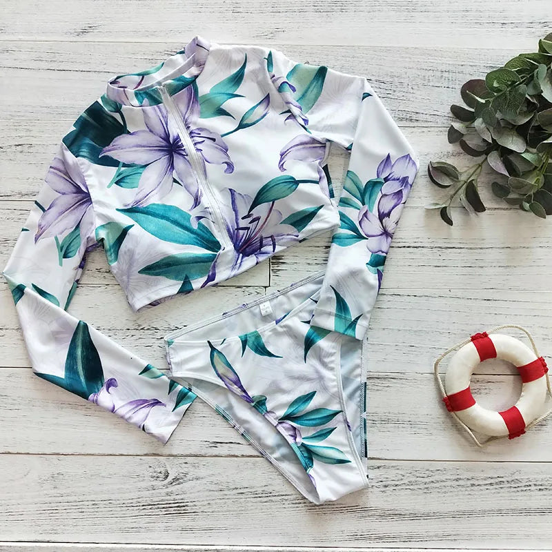 2023 Sexy Long Sleeve Bikinis Women Swimsuit Green Leaves Print Bathing Suits Beachwear Brazilian Bikini Set Biquini Female
