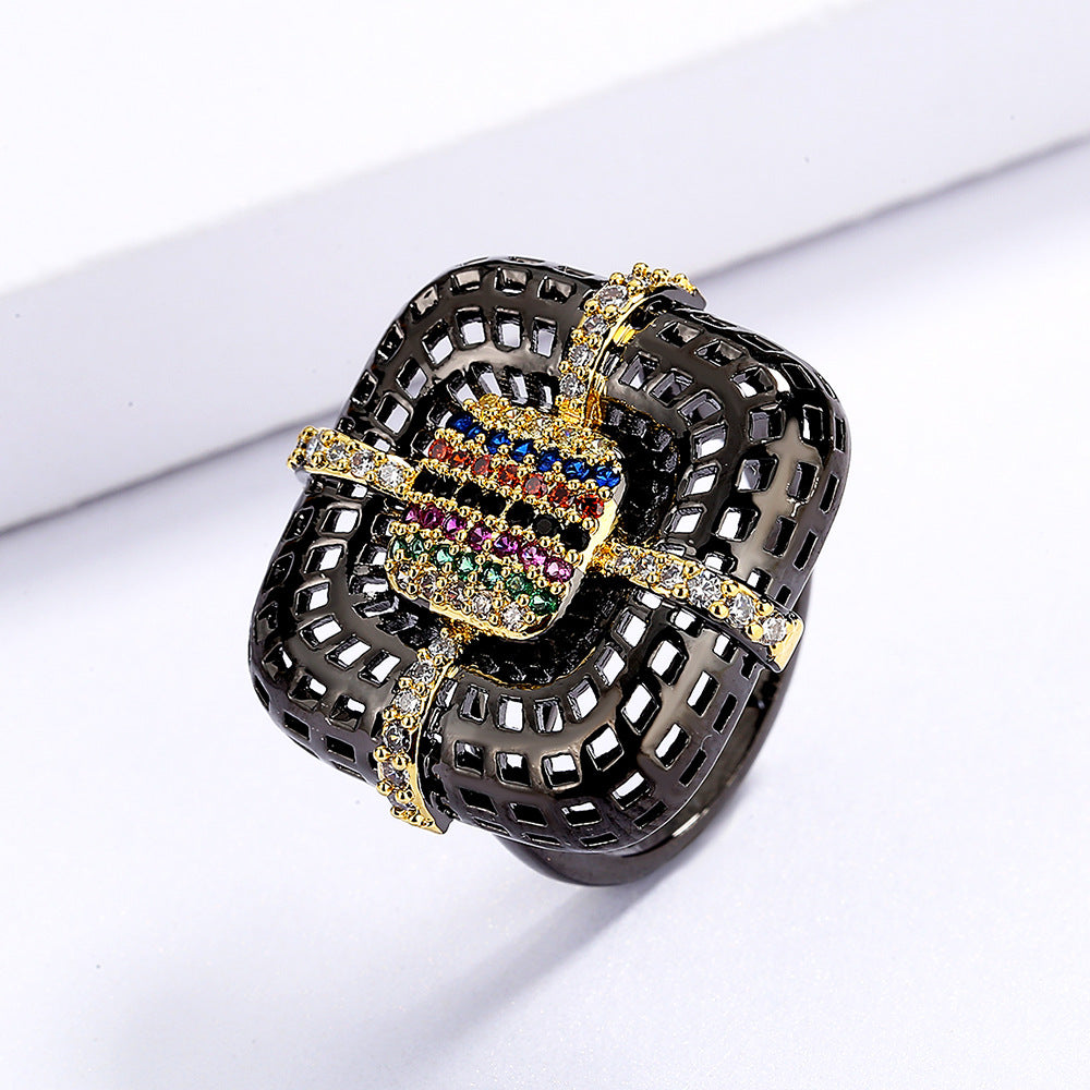 925 Silver Women's Ring Exquisite Black Gold Flower Ring Inlaid Colorful Zircon Geometric Couple Ring Black Gold Jewelry
