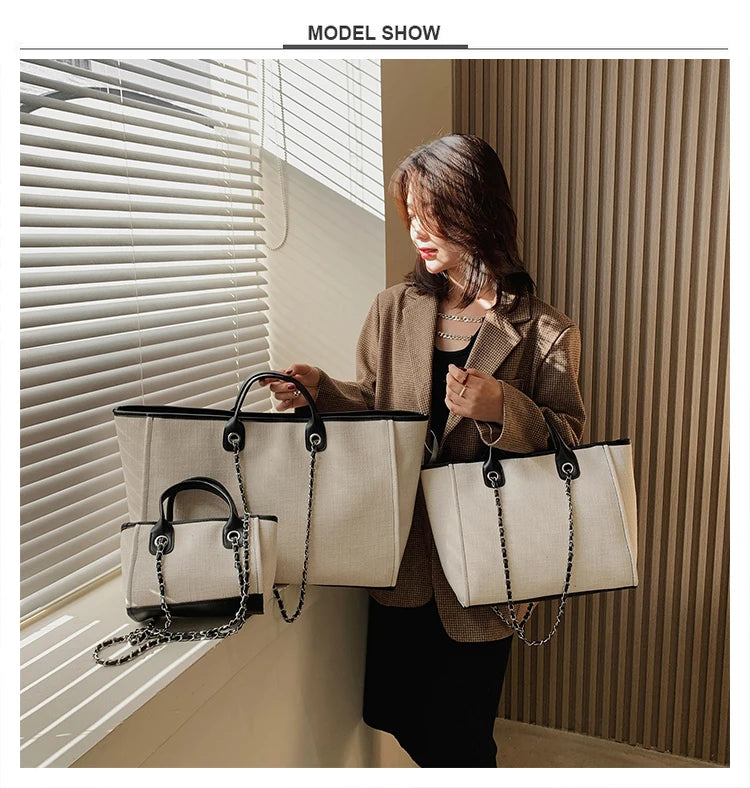 Women Tote Bag Fashion Canvas Large Capacity Handbag Casual Chains Shoulder Bags Ladies Big Messenger Bag Shopping Bag