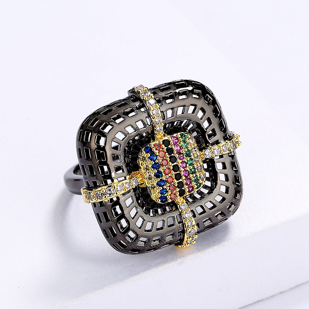 925 Silver Women's Ring Exquisite Black Gold Flower Ring Inlaid Colorful Zircon Geometric Couple Ring Black Gold Jewelry