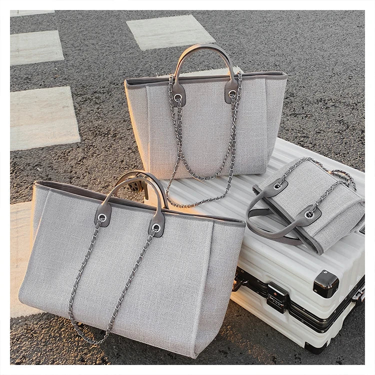 Women Tote Bag Fashion Canvas Large Capacity Handbag Casual Chains Shoulder Bags Ladies Big Messenger Bag Shopping Bag