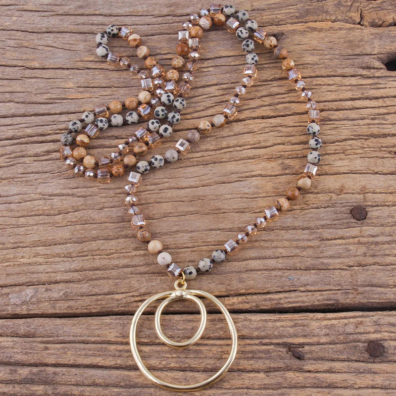 Fashion Bohemian Jewelry Accessory 6mm Stones/Crystal Knotted With Metal Round Pendant Necklaces Women Boho Gift