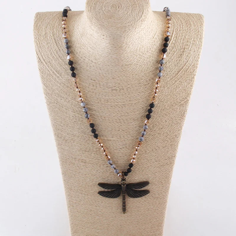 RH Fashion Bohemian Jewelry Accessory 6mm Stones/Crystal Knotted With Metal Retro Dragonfly Pendant Necklaces Women Boho Gift