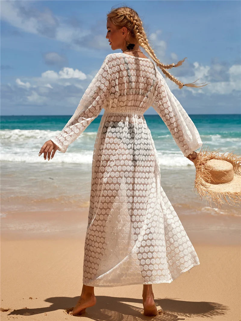 2024 Crochet White Knitted Beach Cover Up Dress Tunic Long Pareos Bikinis Cover Ups Swim Cover Up Robe Plage Beachwear