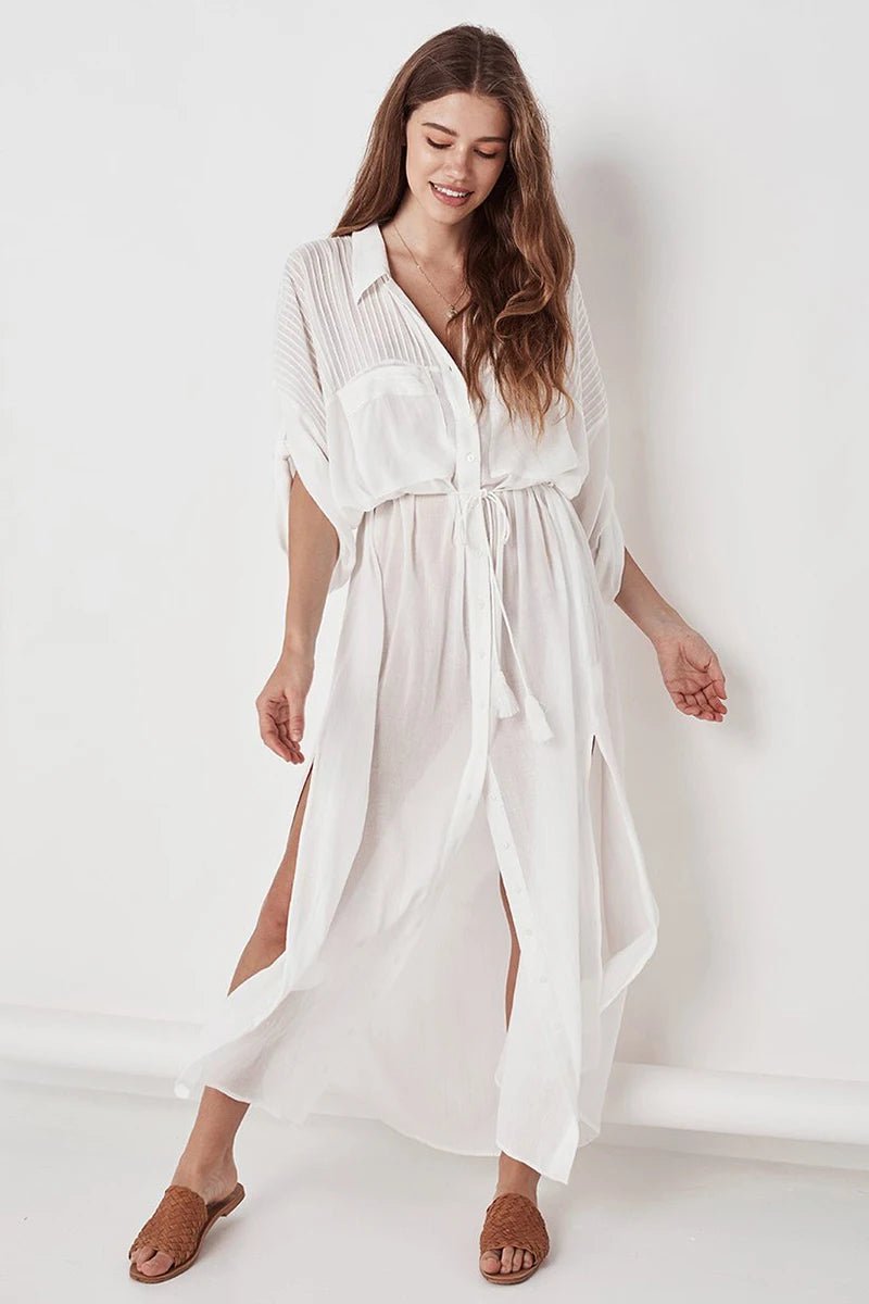 2024 Crochet White Knitted Beach Cover Up Dress Tunic Long Pareos Bikinis Cover Ups Swim Cover Up Robe Plage Beachwear