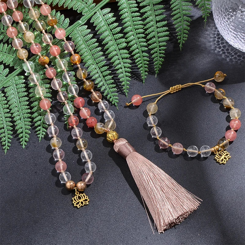 8mm Watermelon Tourmaline Japamala Necklace Meditation Yoga Tibetan Jewelry Bracelet Set 108 Beaded Rosary Golden Lotus Charm