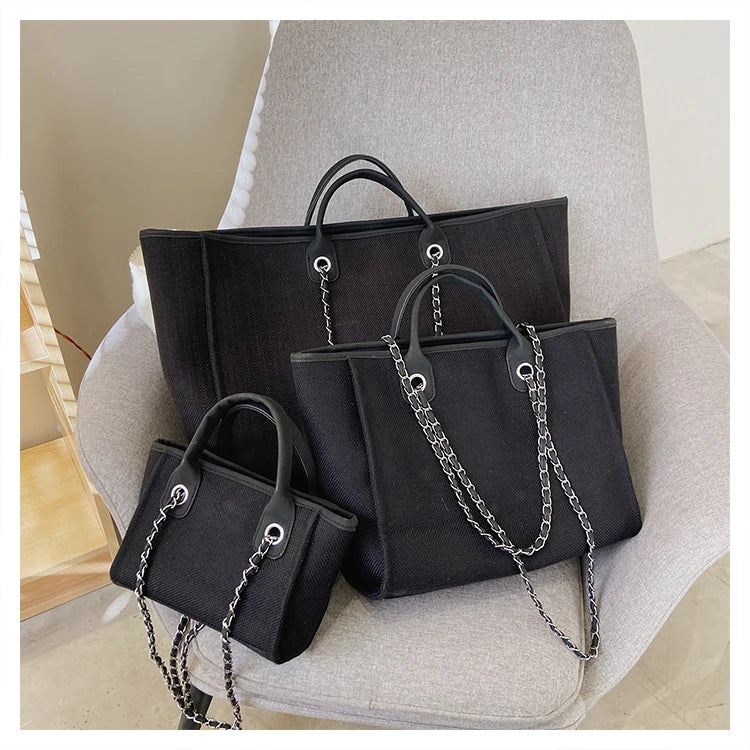 Women Tote Bag Fashion Canvas Large Capacity Handbag Casual Chains Shoulder Bags Ladies Big Messenger Bag Shopping Bag