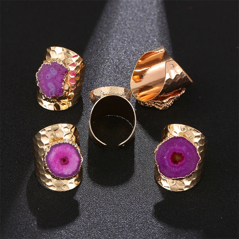 Boho Irregular Natural Stone Agate Slices Sunflower Wide Open Ring for Women Gold Plated Resizable Finger Jewelry
