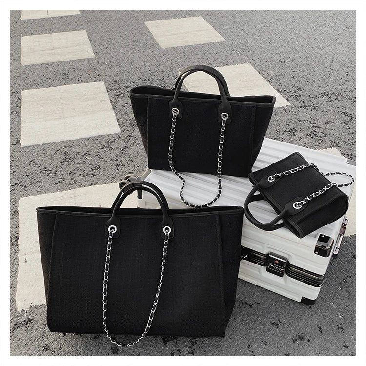 Women Tote Bag Fashion Canvas Large Capacity Handbag Casual Chains Shoulder Bags Ladies Big Messenger Bag Shopping Bag