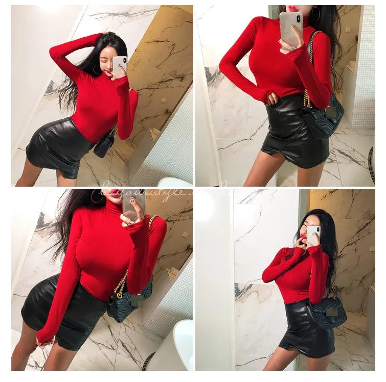 T Shirt Women Turtleneck Spring Top Sexy Elasticity T-Shirt Korean Tee Woman Clothes Slim Tshirt Female Skinny Long Sleeve Tops