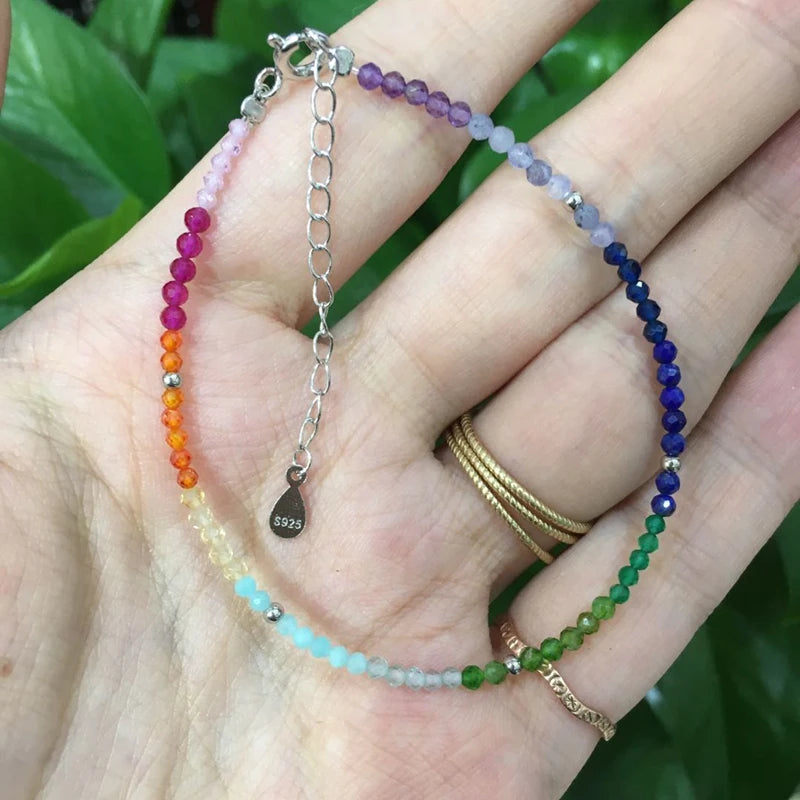 LiiJi Real Stone Small Rainbow Healing Stone 925 Sterling Silver Gold Color Adjustable Bracelet For Women Girls Jewelry