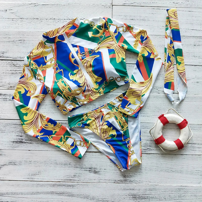 2023 Sexy Long Sleeve Bikinis Women Swimsuit Green Leaves Print Bathing Suits Beachwear Brazilian Bikini Set Biquini Female