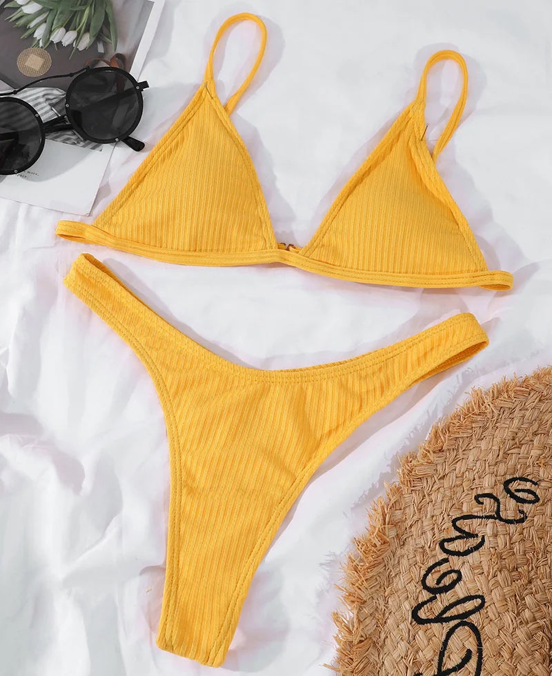 Bandeau Tanga Bikinis Ribbed Bikini 2025 Sexy High Cut Bikini Set Brazilian Swimsuit Thong Swimwear Women Girls Swimming Suit
