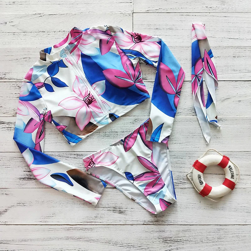 2023 Sexy Long Sleeve Bikinis Women Swimsuit Green Leaves Print Bathing Suits Beachwear Brazilian Bikini Set Biquini Female