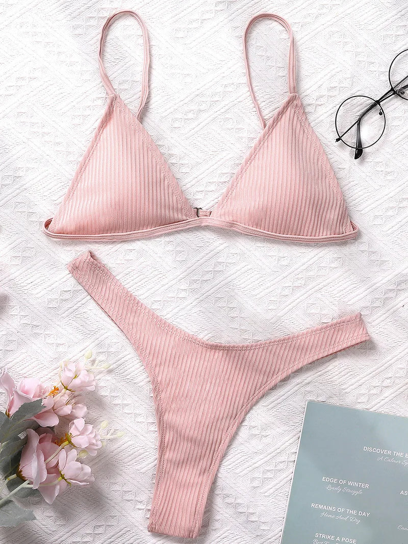 Bandeau Tanga Bikinis Ribbed Bikini 2025 Sexy High Cut Bikini Set Brazilian Swimsuit Thong Swimwear Women Girls Swimming Suit