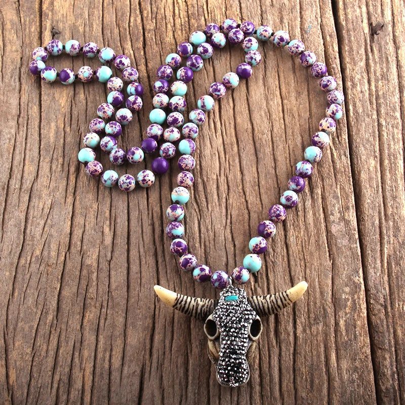 RH Fashion Boho Jewelry Empire Stones Long Knotted Bull Head Pendant Necklaces Dropship