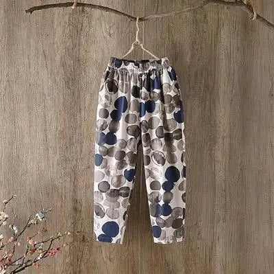 Plus Size Casual Linen Pants 2023 Women's Trousers Vintage Polka Dot Pantalon Female Elastic Waist Printed Turnip Harem Pants