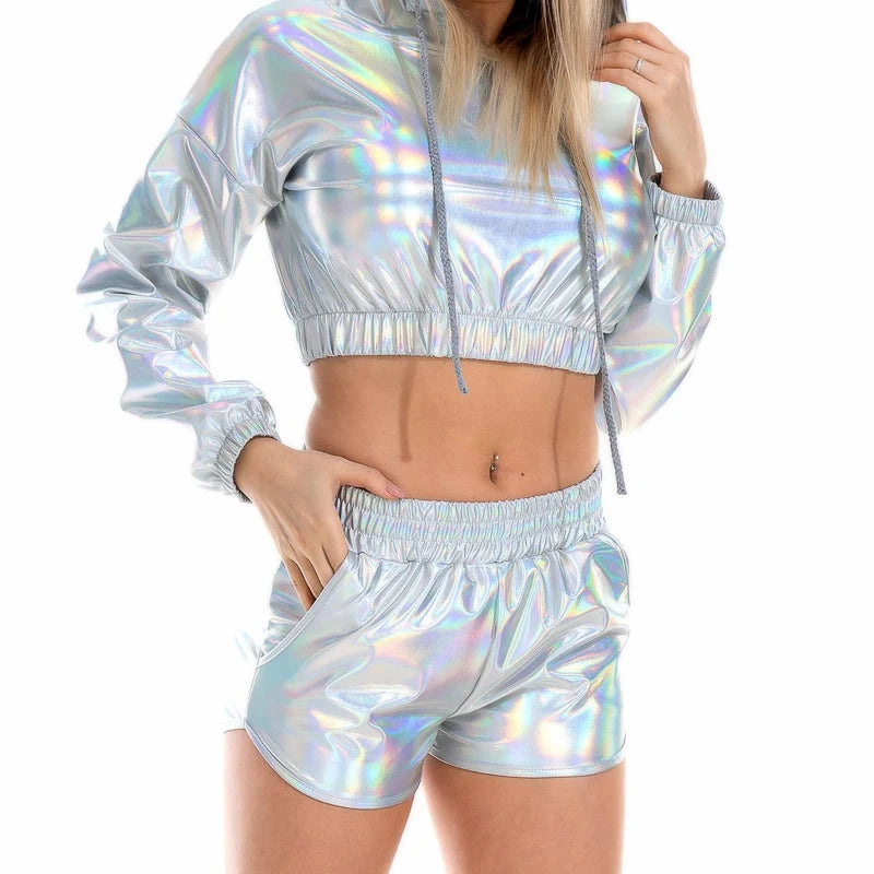 Women Skinny PU Leather Gold Leopard Shorts Summer Shiny Elastic Waist Metallic Booty Club Rave Festival HotPants Bottoms