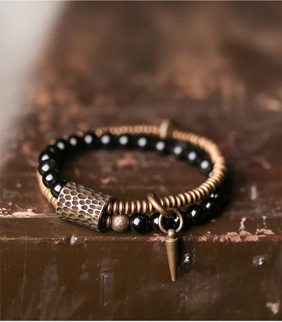 Rainbow Obsidian Beads Bracelet Hammered Brass Two Row Health Unisex Jewelry for Women Unique Handmade Personalized Bracelet