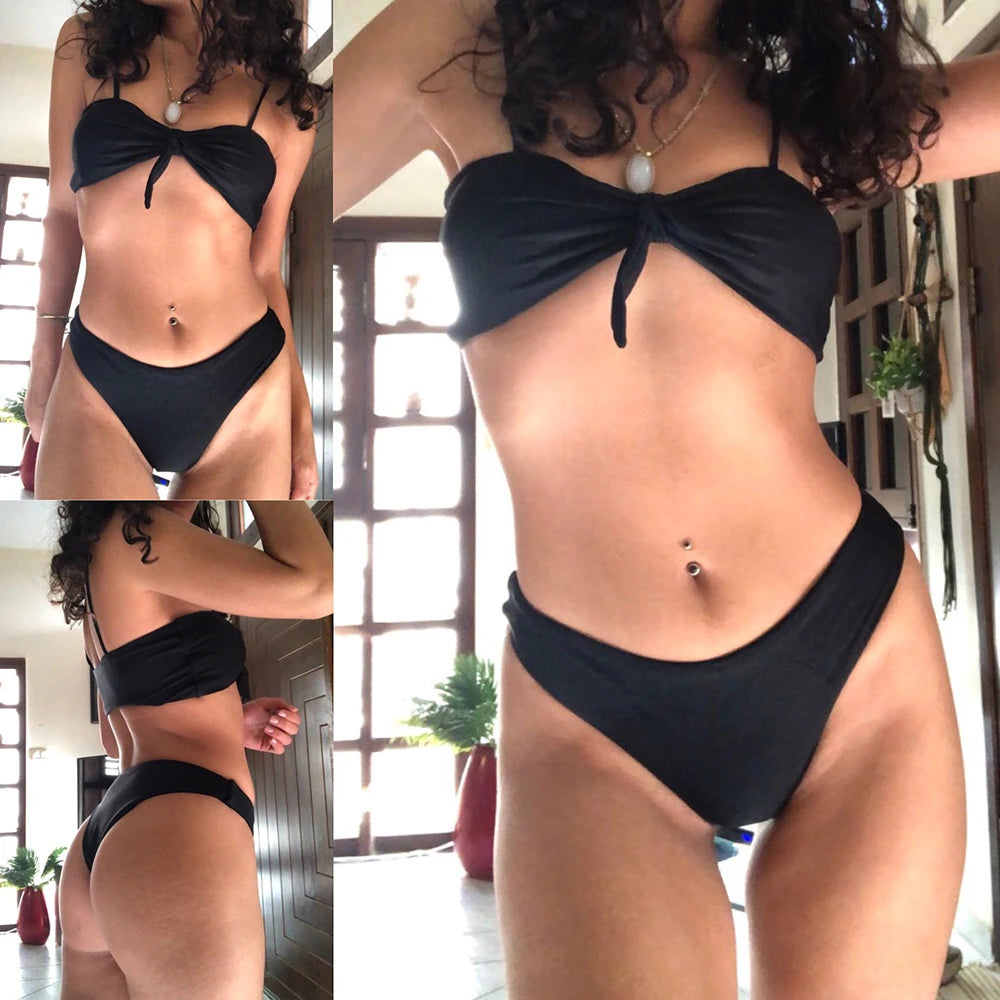 ZTVitality Sexy Solid Bow Bikinis Push Up Bikini 2021 Straps Padded Low Waist Swimsuit Bandage Swimwear Women Brazilian Biquini