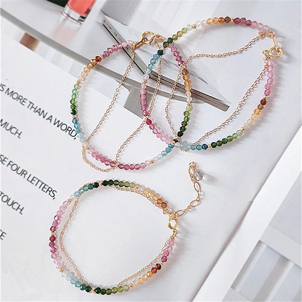Natural Colorful Mix Tourmaline Bead Bracelet Handmade Women 14K Gold Filled Chain Double Layer Bracelet Semi Precious Jewelry