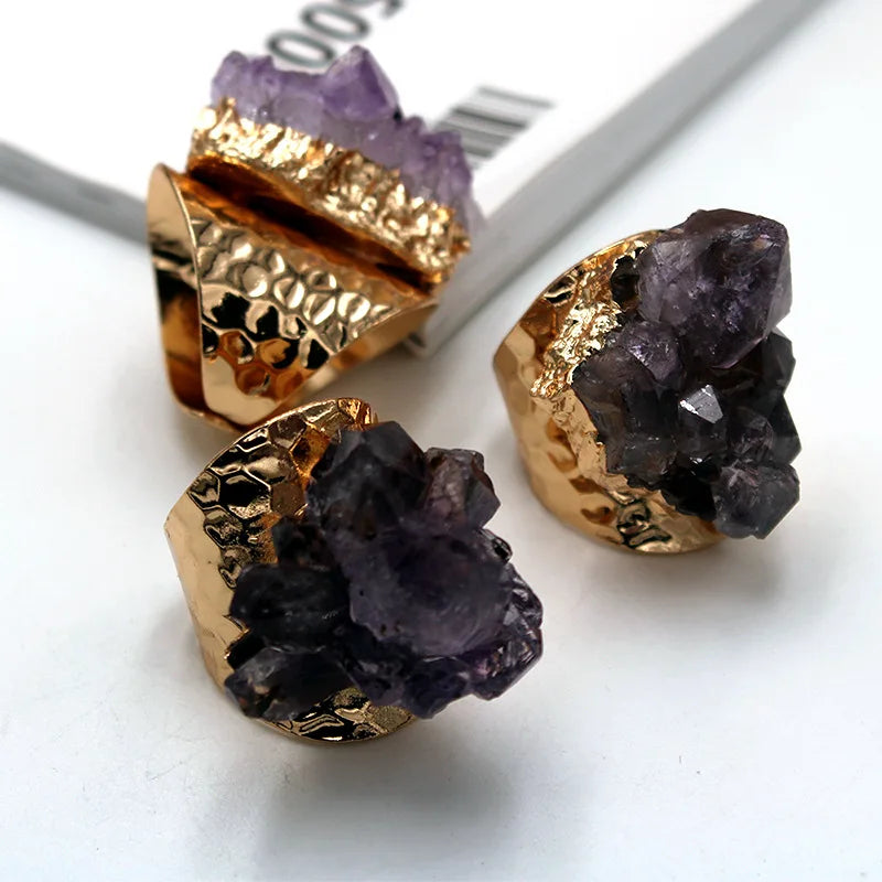Irregular Rough Amethyst Stone Ring for Women Purple Crystal Cluster Gemstones Jewelry Open Finger Jewelry