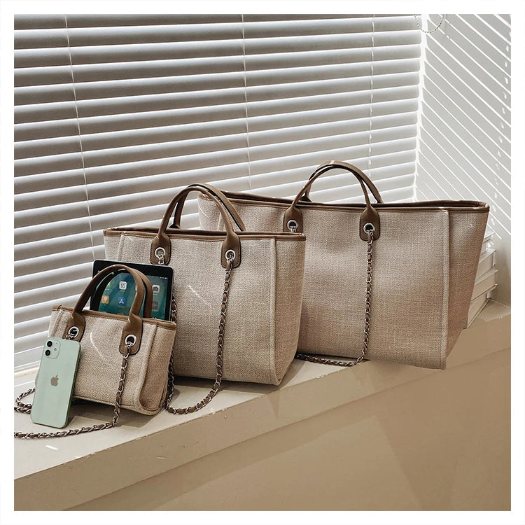 Women Tote Bag Fashion Canvas Large Capacity Handbag Casual Chains Shoulder Bags Ladies Big Messenger Bag Shopping Bag
