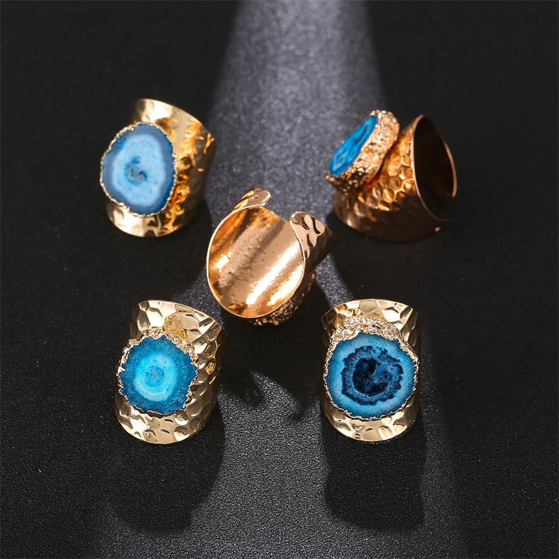 Boho Irregular Natural Stone Agate Slices Sunflower Wide Open Ring for Women Gold Plated Resizable Finger Jewelry
