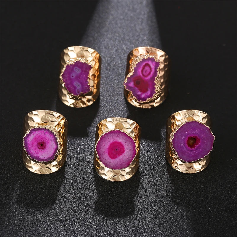 Boho Irregular Natural Stone Agate Slices Sunflower Wide Open Ring for Women Gold Plated Resizable Finger Jewelry