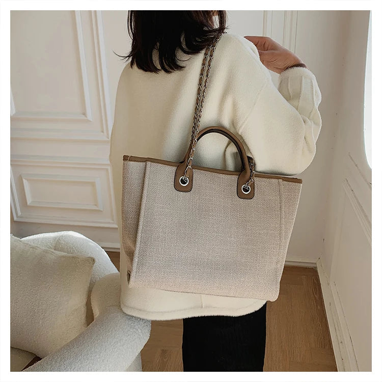Women Tote Bag Fashion Canvas Large Capacity Handbag Casual Chains Shoulder Bags Ladies Big Messenger Bag Shopping Bag