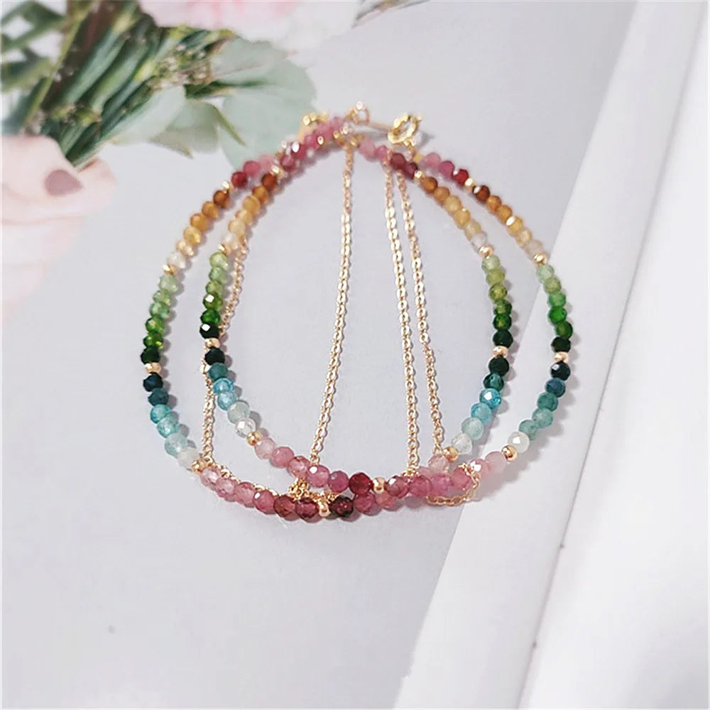 Natural Colorful Mix Tourmaline Bead Bracelet Handmade Women 14K Gold Filled Chain Double Layer Bracelet Semi Precious Jewelry