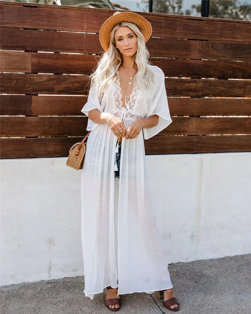 2024 Crochet White Knitted Beach Cover Up Dress Tunic Long Pareos Bikinis Cover Ups Swim Cover Up Robe Plage Beachwear