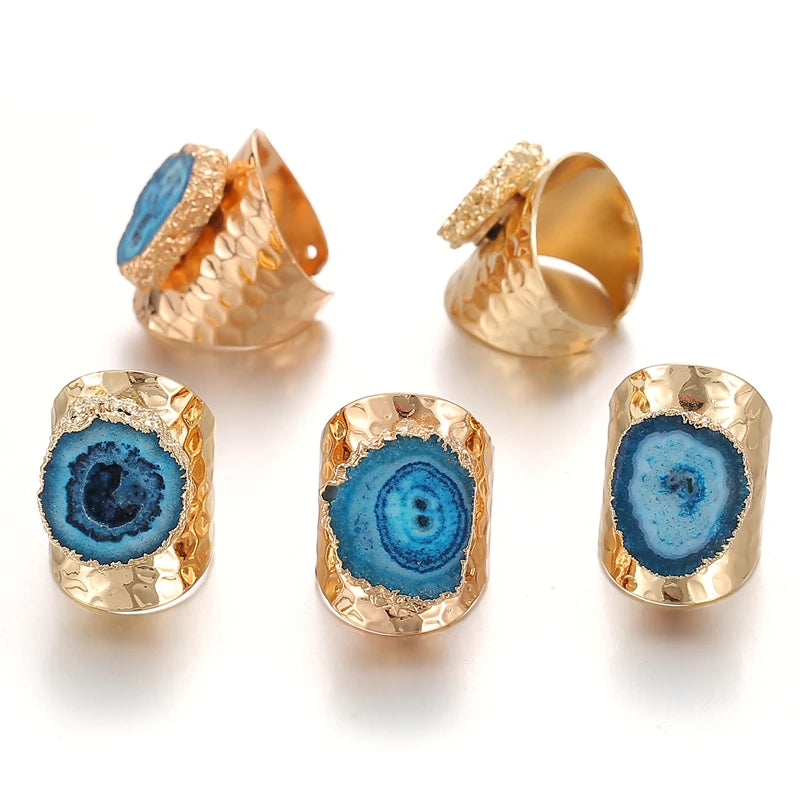 Boho Irregular Natural Stone Agate Slices Sunflower Wide Open Ring for Women Gold Plated Resizable Finger Jewelry