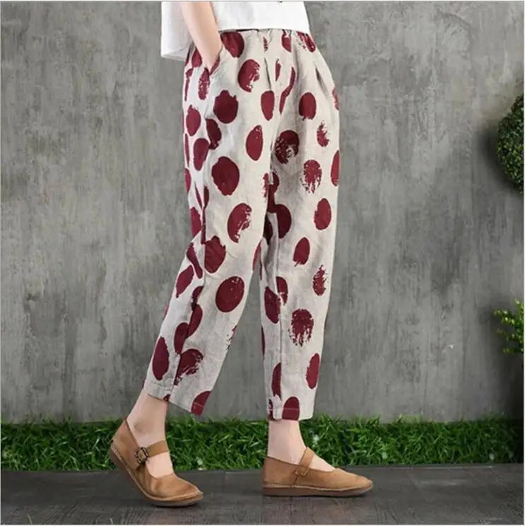 Plus Size Casual Linen Pants 2023 Women's Trousers Vintage Polka Dot Pantalon Female Elastic Waist Printed Turnip Harem Pants