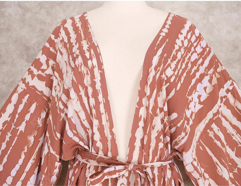 2023 Bikini Cover-ups Black Retro Striped Self Belted Women Summer Clothing Kimono Dress Beach Wear Swim Suit Cover Up Q1225