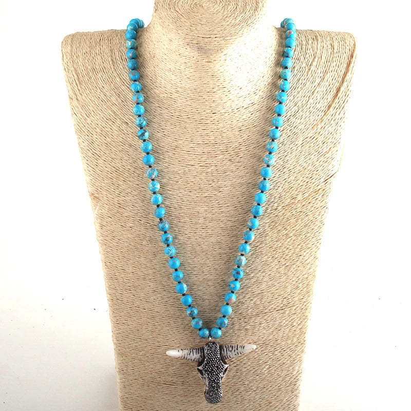 RH Fashion Boho Jewelry Empire Stones Long Knotted Bull Head Pendant Necklaces Dropship